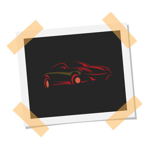 Uma foto polariod com um fundo preto e um desenho ao centro de um carro vermelho, apenas o seu contorno