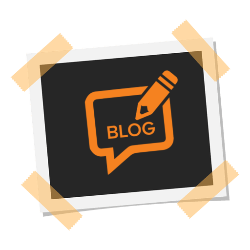 Uma foto polariod com uma logomarca simples, quadrada, de cor laranja e com a imagem de um lápis, escrito 'blog'